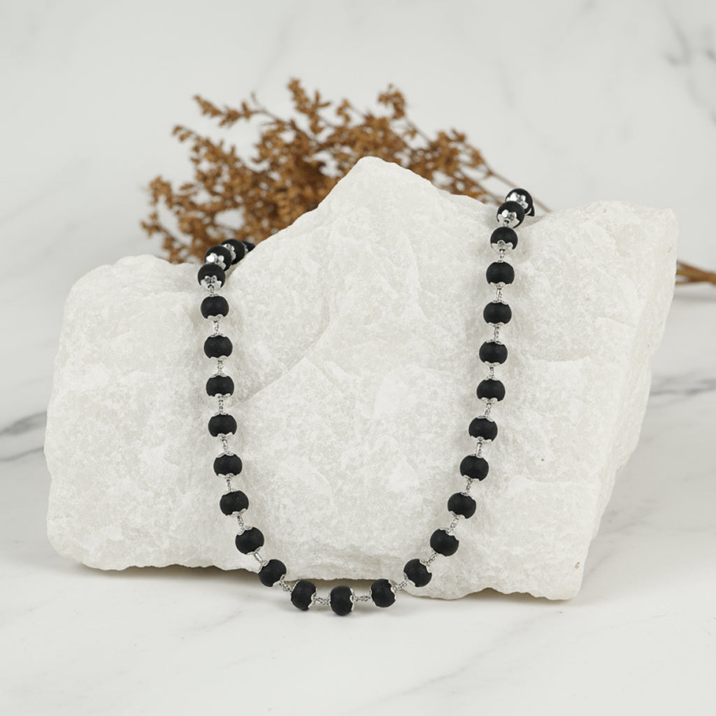 Siddh Karungali Beads Silver Cap Mala - 54 Beads, 6mm